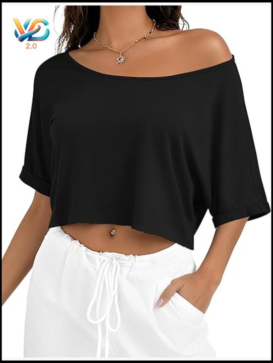 Tops - Off The Shoulder Crop Top Short Sleeve Boat Neck Loose Fit Y2K Streetwear Tee
